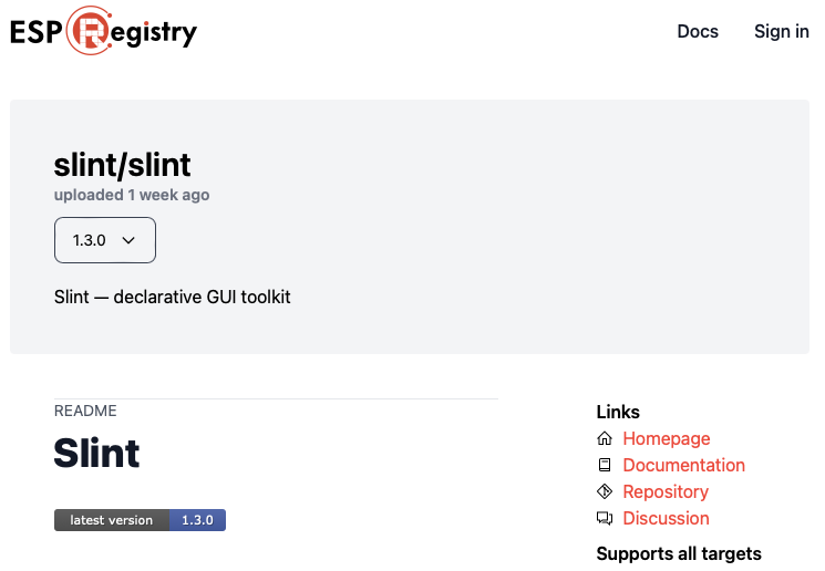 Screenshot of Slint entry in the ESP Registry
