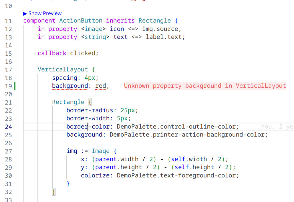 Example of an error in the code identified by the Slint compiler.