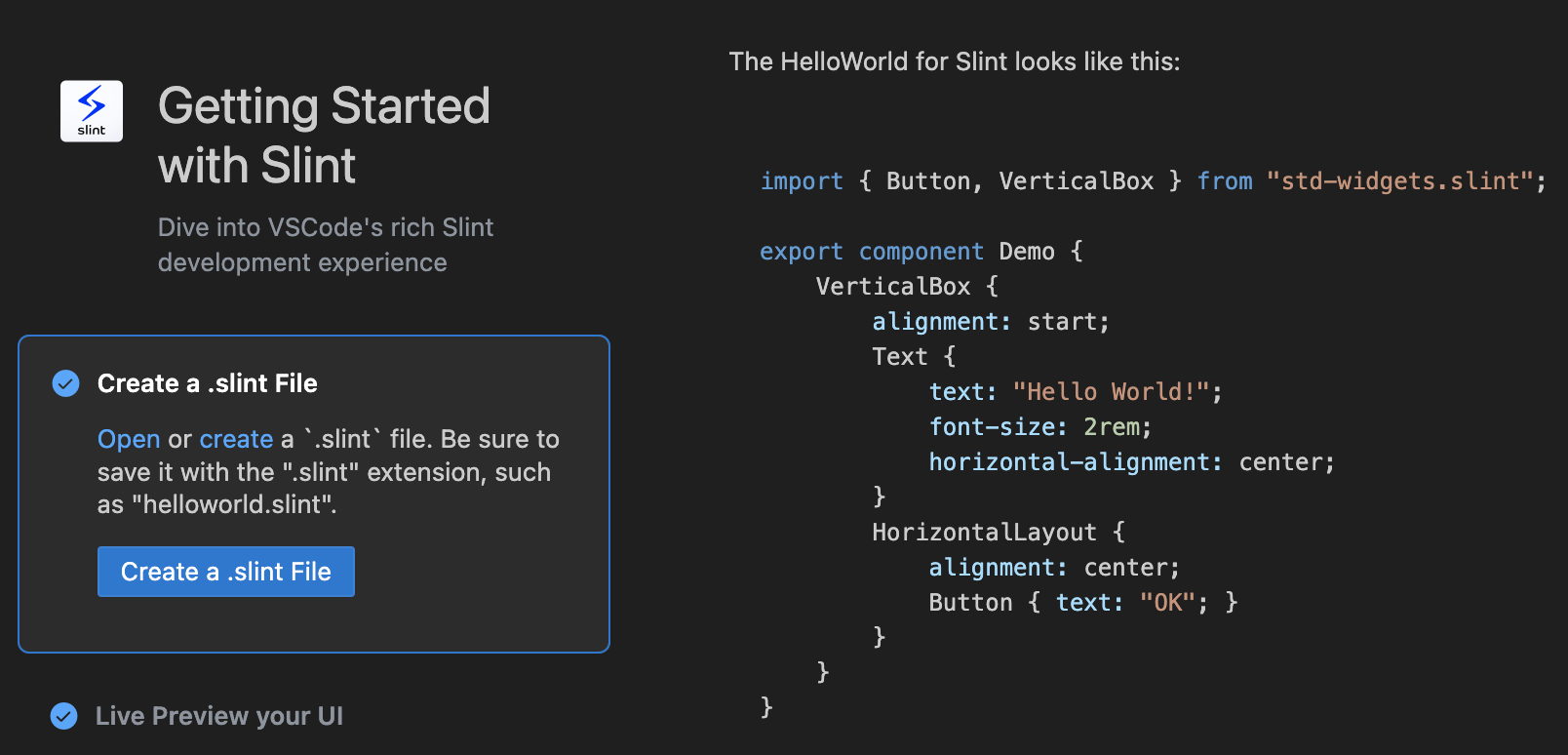 Screenshot of new Slint VSCode Walkthrough