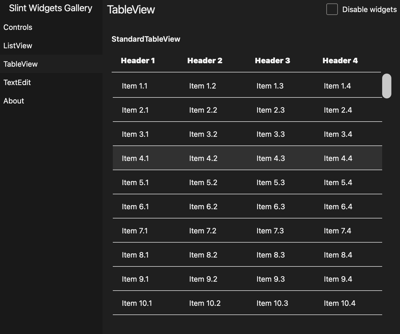 Screenshot of the StandardTableView in Slint